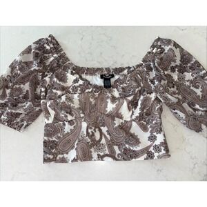 Express Womens XS Brown White Paisley Smocked Crop Top Short Puff Sleeve Ruffles